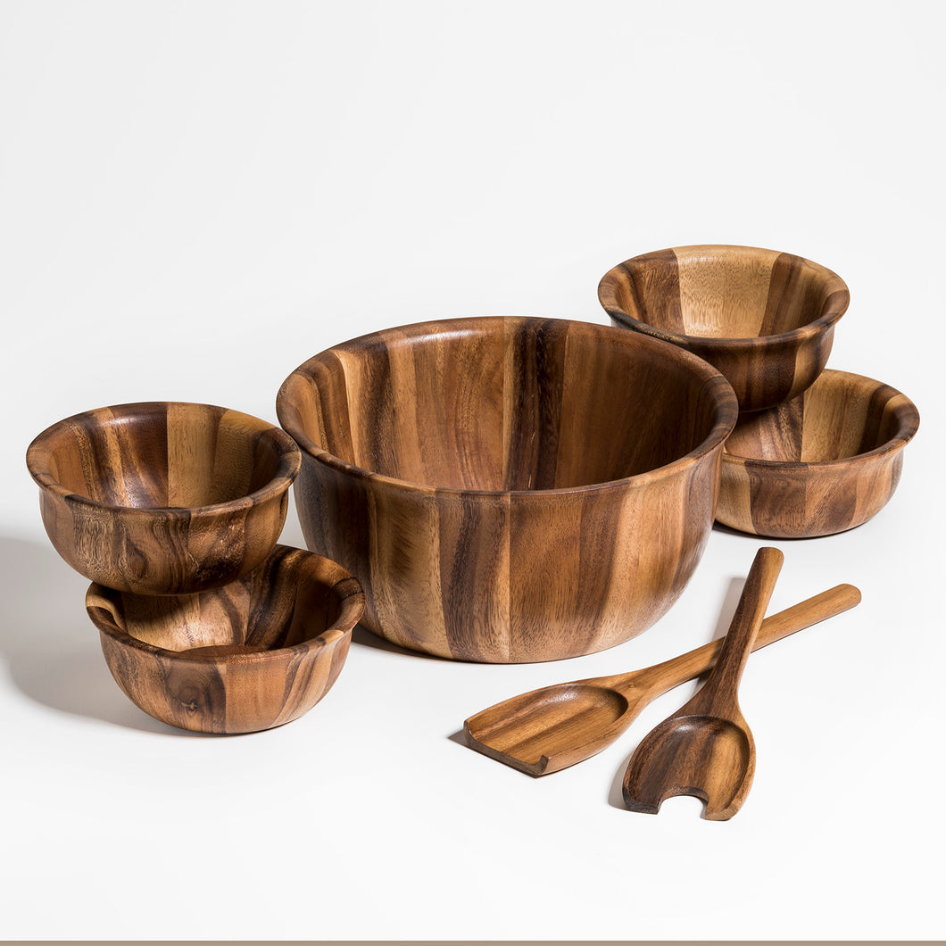 Kalmar Home - Soro Acacia Wood Salad Bowl, (2) Servers and (4) Individual Bowls Set